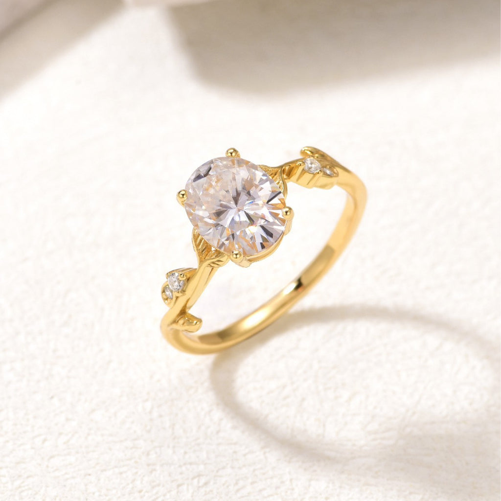 Leaf Branch Ring – 2ct oval moissanite ring with leaf branch band in 925 sterling silver, view 4