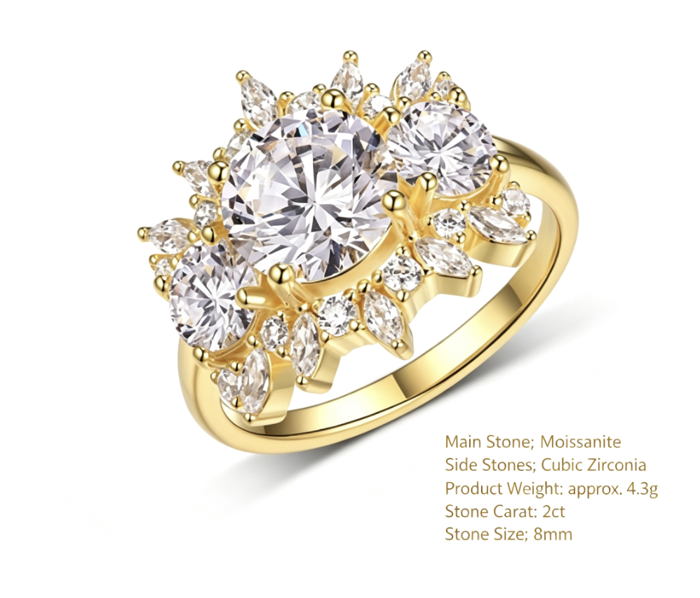 Bloom Halo Ring – 2ct moissanite three-stone halo cluster ring in 925 sterling silver, view 7