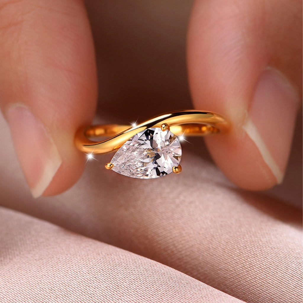 Pear Moissanite Ring | Simple Wave Band