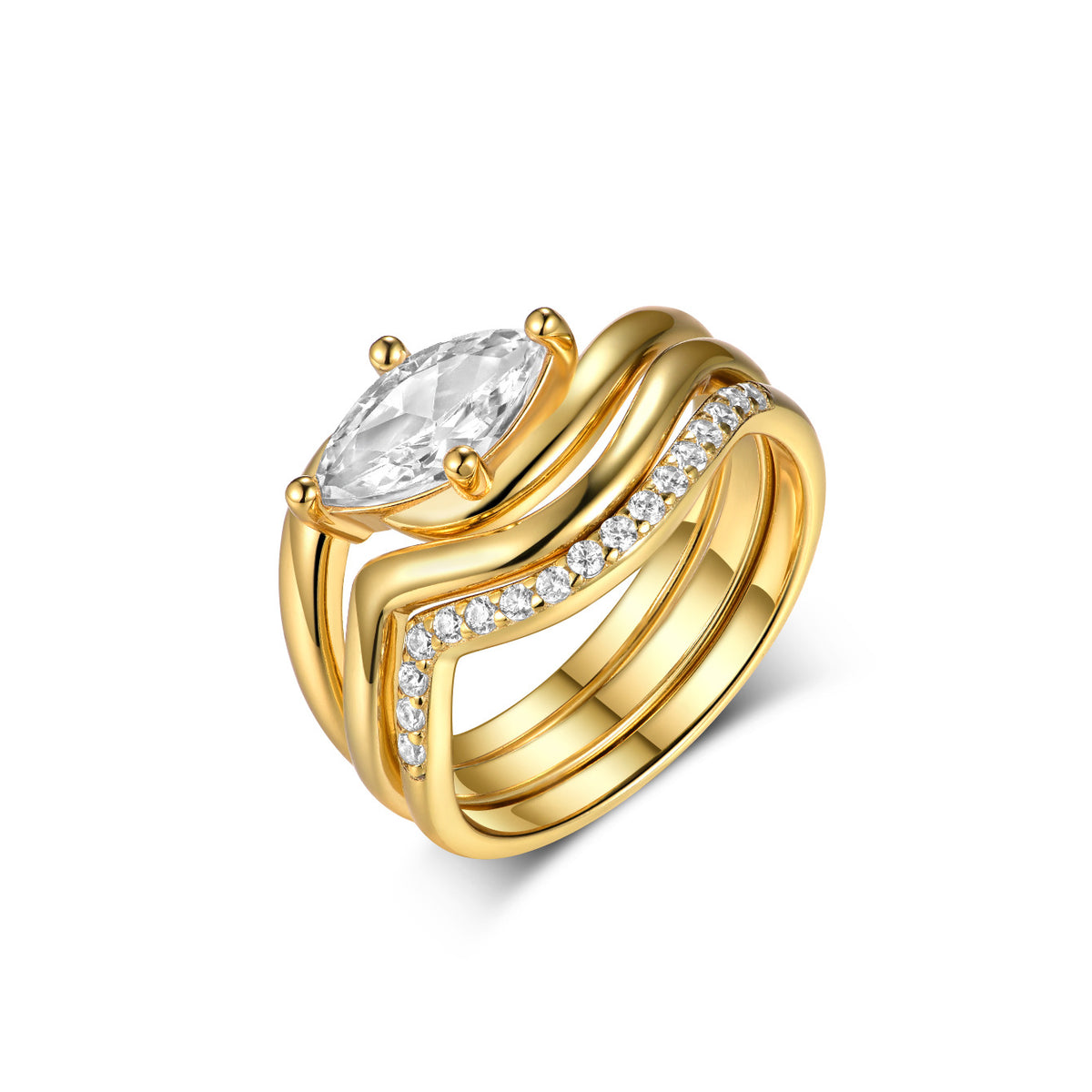 Marquise wave ring set showing three piece moissanite stack