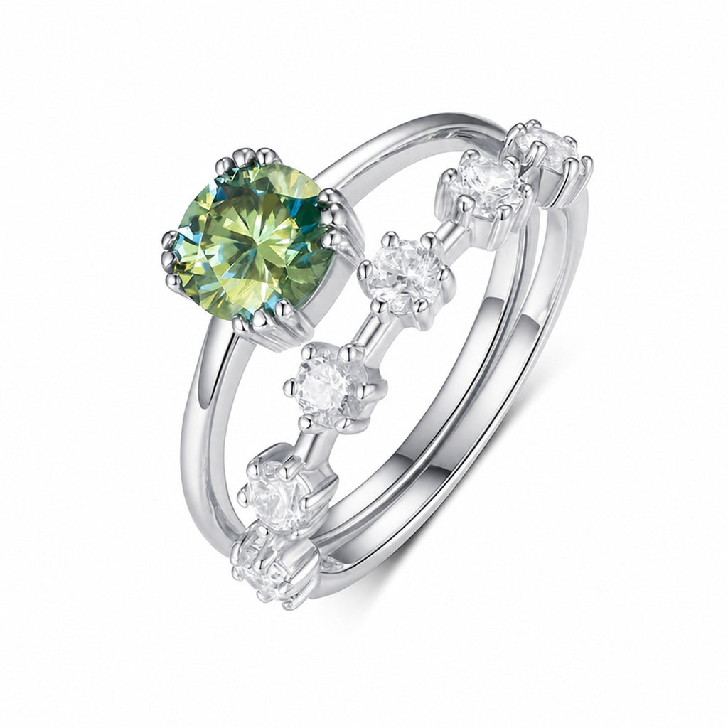Ocean Row Ring – blue-green moissanite double-band ring with white moissanite accents in 925 sterling silver, view 3