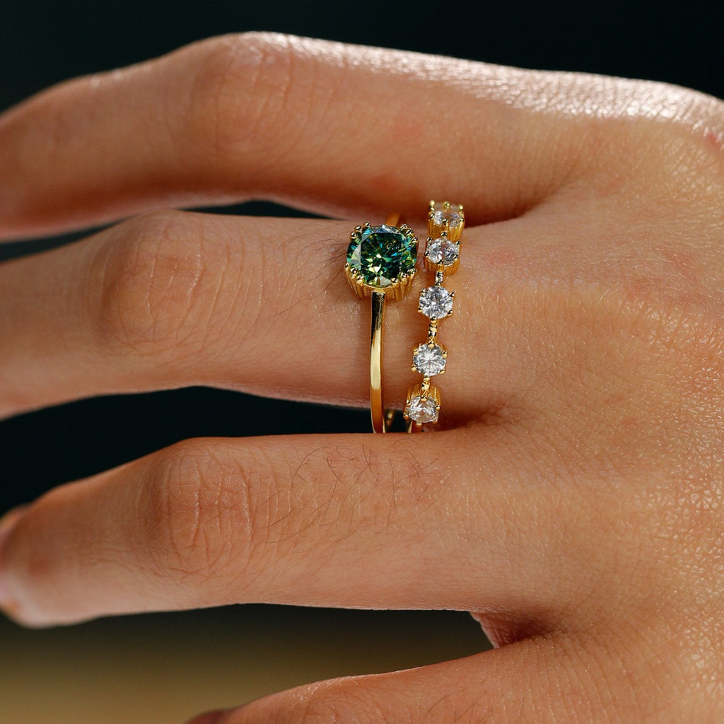 Ocean Row Ring – blue-green moissanite double-band ring with white moissanite accents in 925 sterling silver, view 4