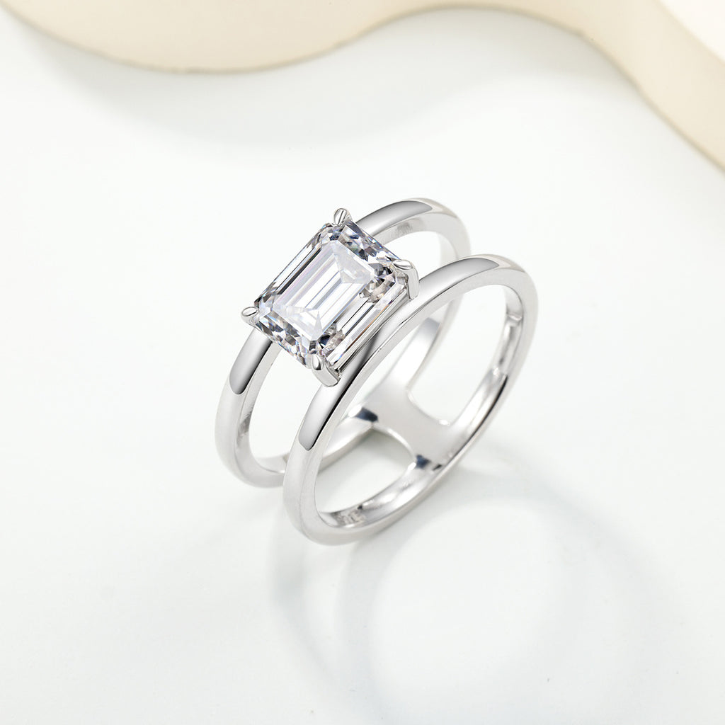 Rectangular Cut Moissanite Ring | Double Band