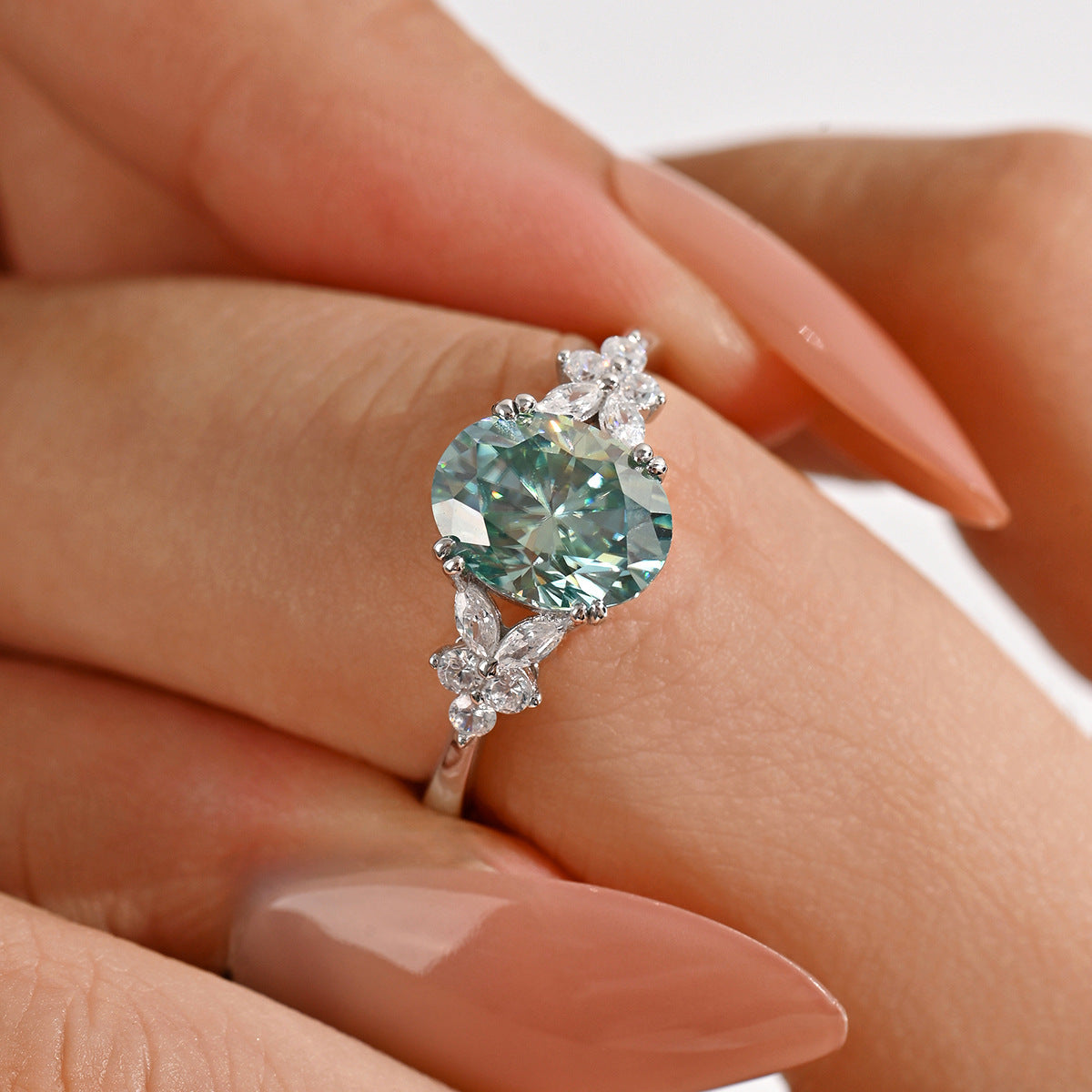 Lagoon Oval Ring – 2ct blue-green oval moissanite floral cluster ring in 925 sterling silver, view 2