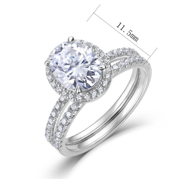 Oval Halo Ring – 2ct oval moissanite halo ring with split shank in 925 sterling silver, view 7