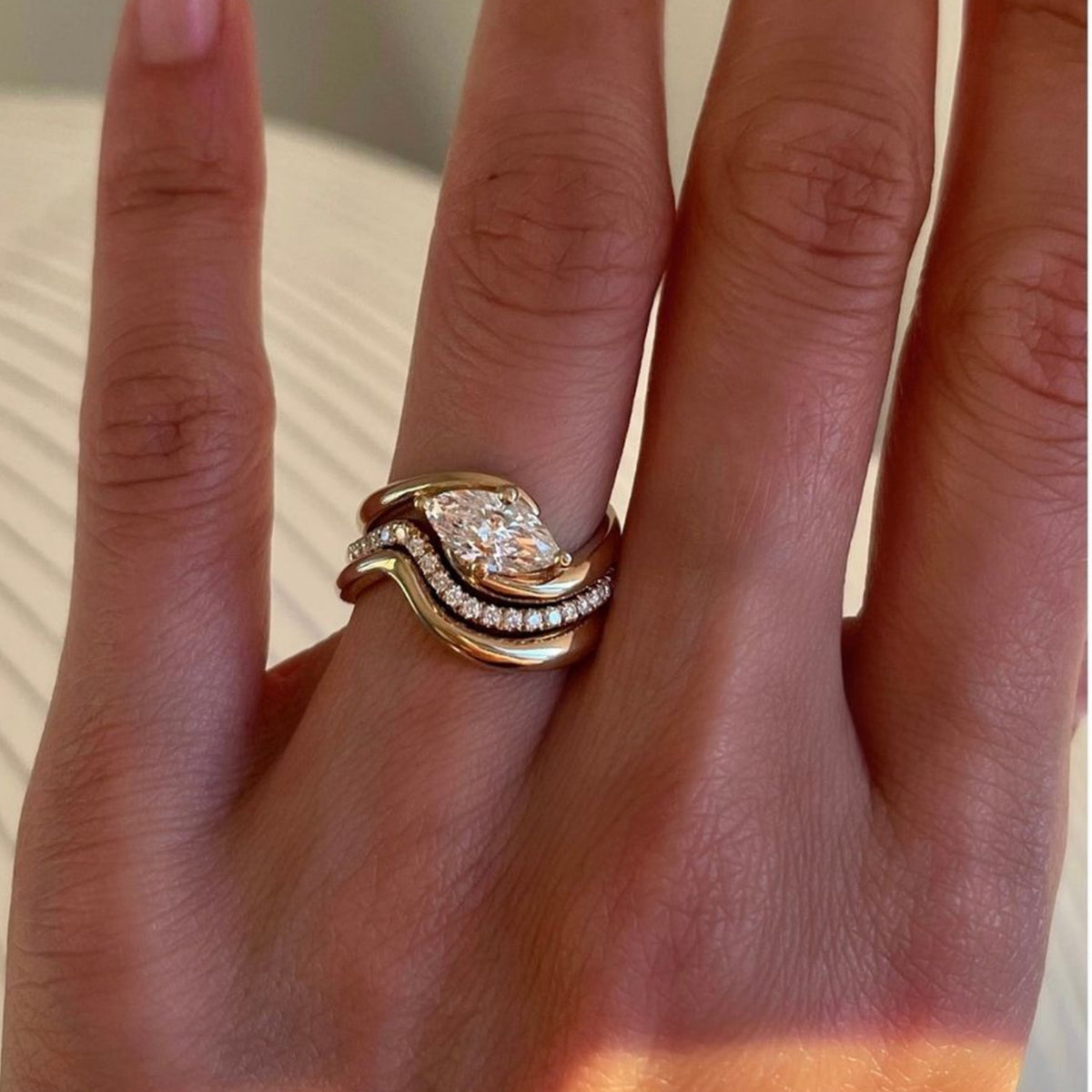 Marquise Wave Ring Set – three-piece marquise moissanite wave ring set in 925 sterling silver, view 6