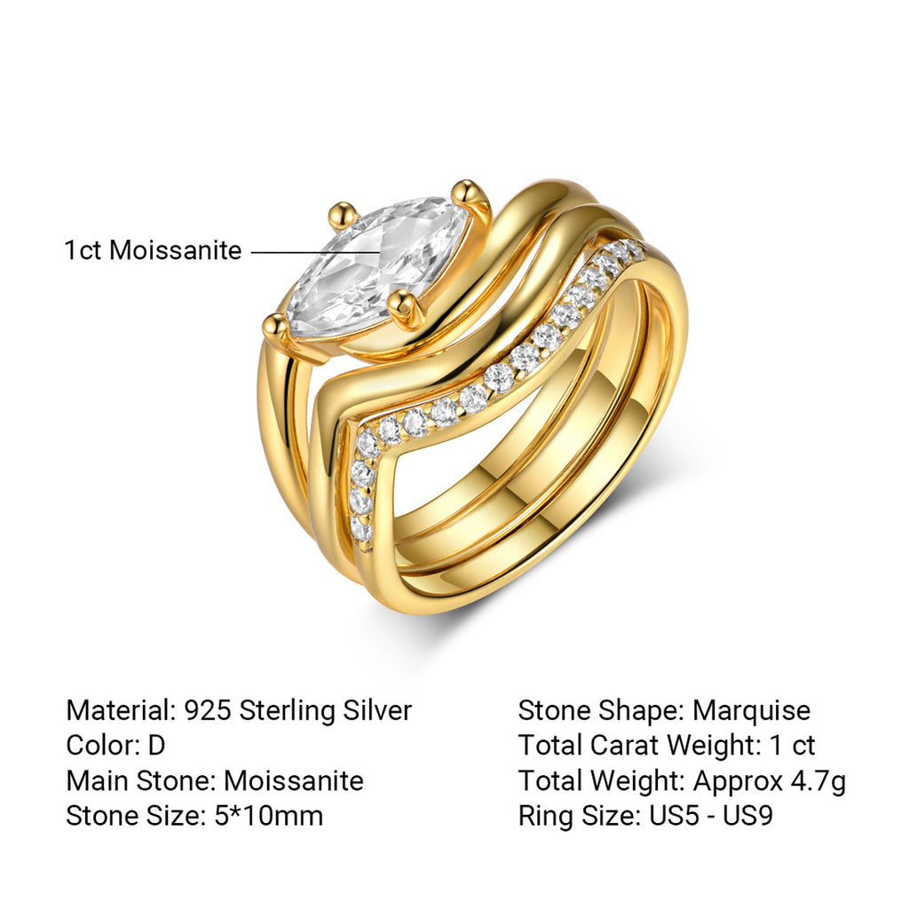 Marquise Wave Ring Set – three-piece marquise moissanite wave ring set in 925 sterling silver, view 7