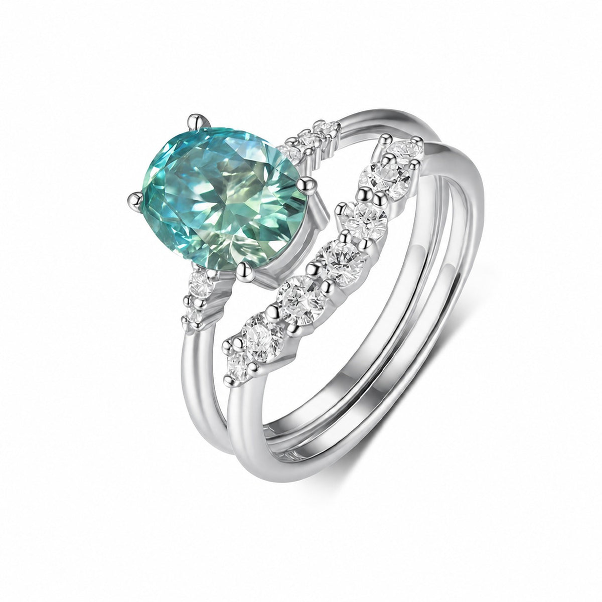 Green Oval Ring Set – two-piece green oval moissanite stacking ring set in 925 sterling silver, view 3