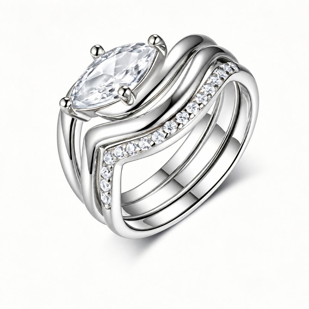 Marquise wave ring set showing three piece moissanite stack