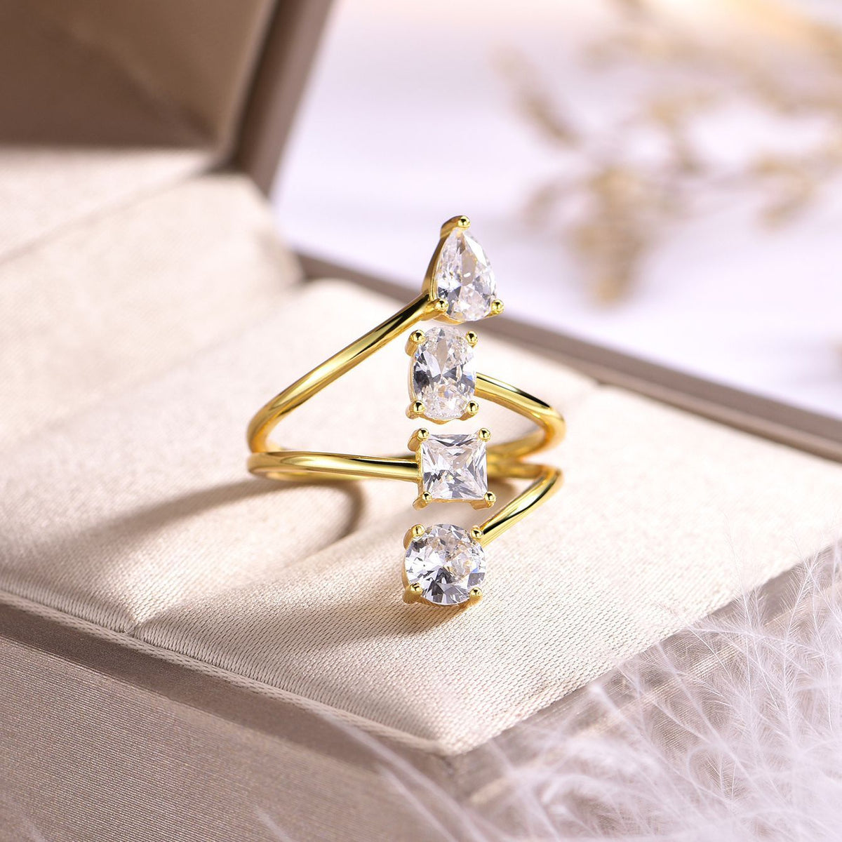 Four Cuts Ring – adjustable bypass ring with four moissanite stones in 925 sterling silver, view 4
