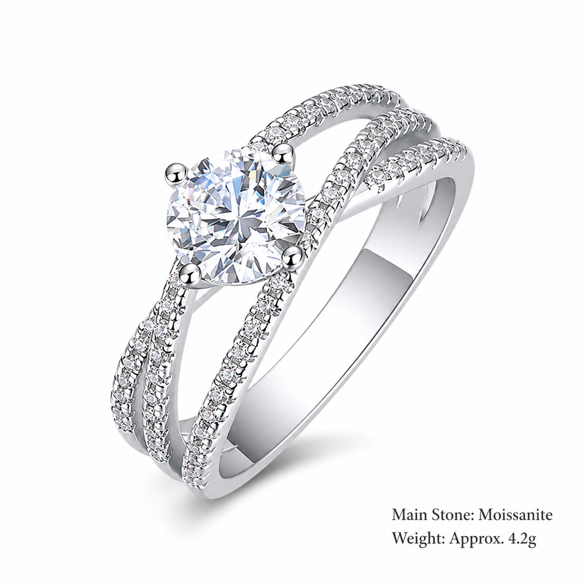 Moissanite Crossover Ring – 1ct round moissanite split-shank crossover ring in rhodium-plated 925 sterling silver, view 4