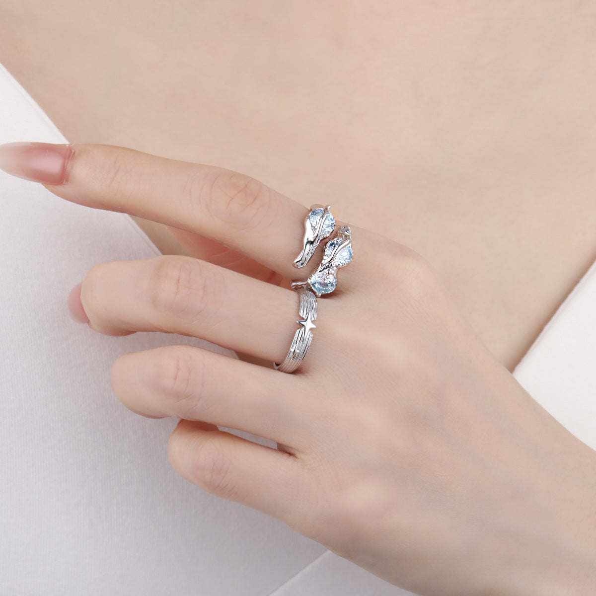 Blue Wave Ring – adjustable sculptural wave ring with blue cubic zirconia in 925 sterling silver, view 6